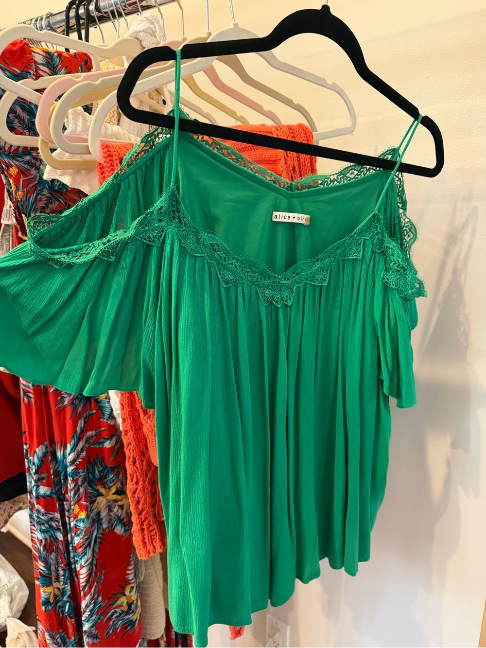 Alice + Olivia Emerald Green Off-Shoulder Lace-Trim Camisole